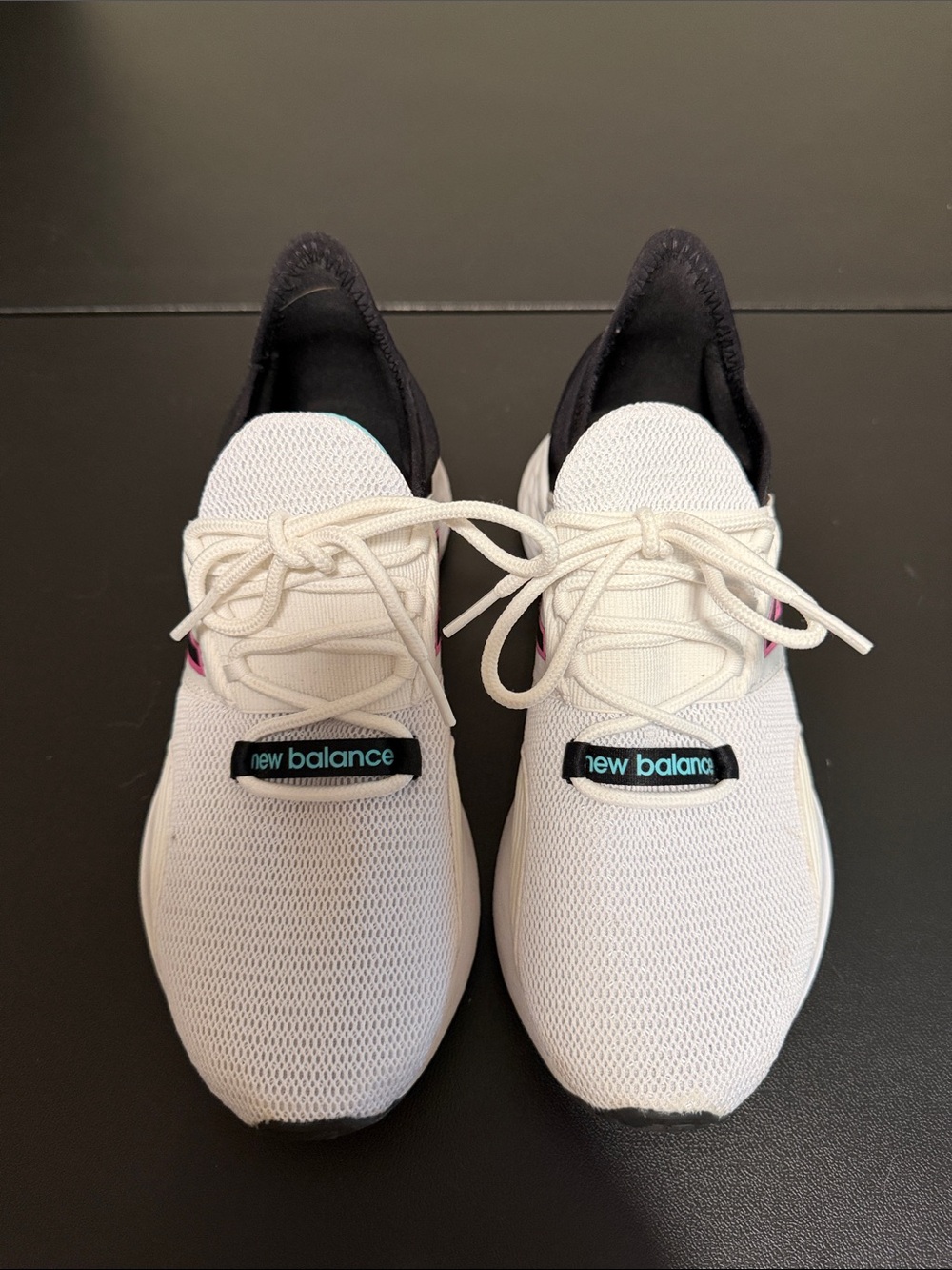New Balance Women’s White Sneakers with Black Collar and Aqua Logo